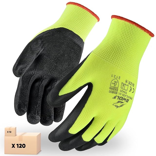 Douze paires de gants de travail jaunes à paume latex noire