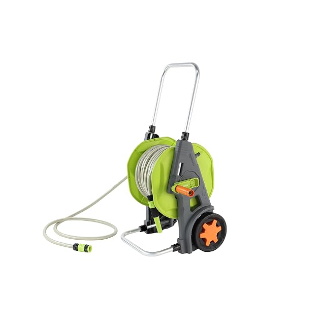 Chariot dévidoir en plastique vert et gris fourni avec un tuyau