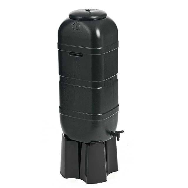 Récupérateur d’eau étroit noir de 100 litres sur un support en quatre pièces