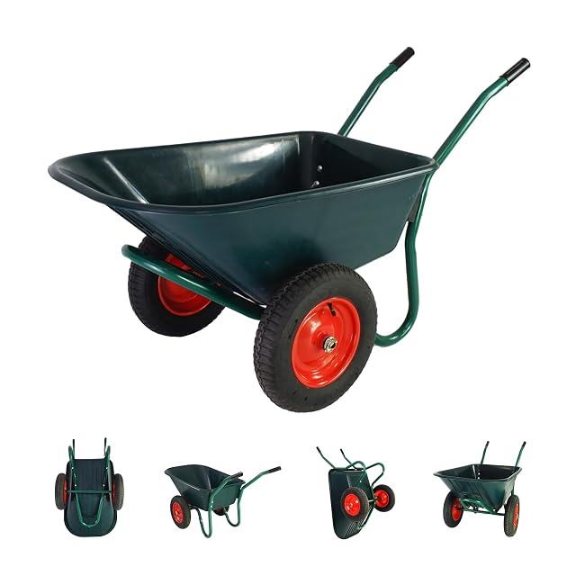 Brouette de jardin à deux roues avec caisse plastique et roues pneumatiques